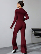 EZwear Women's Pleated Slim Fit Top And Flared Pants Two Piece Set shein