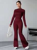 EZwear Women's Pleated Slim Fit Top And Flared Pants Two Piece Set shein