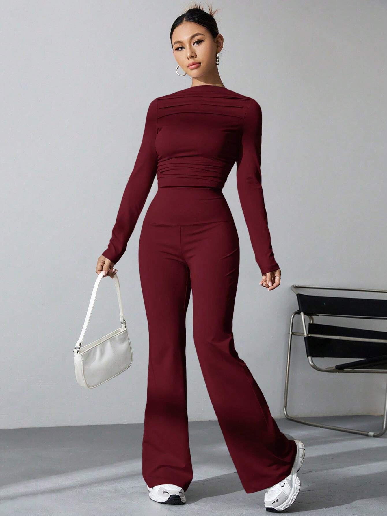 EZwear Women's Pleated Slim Fit Top And Flared Pants Two Piece Set shein