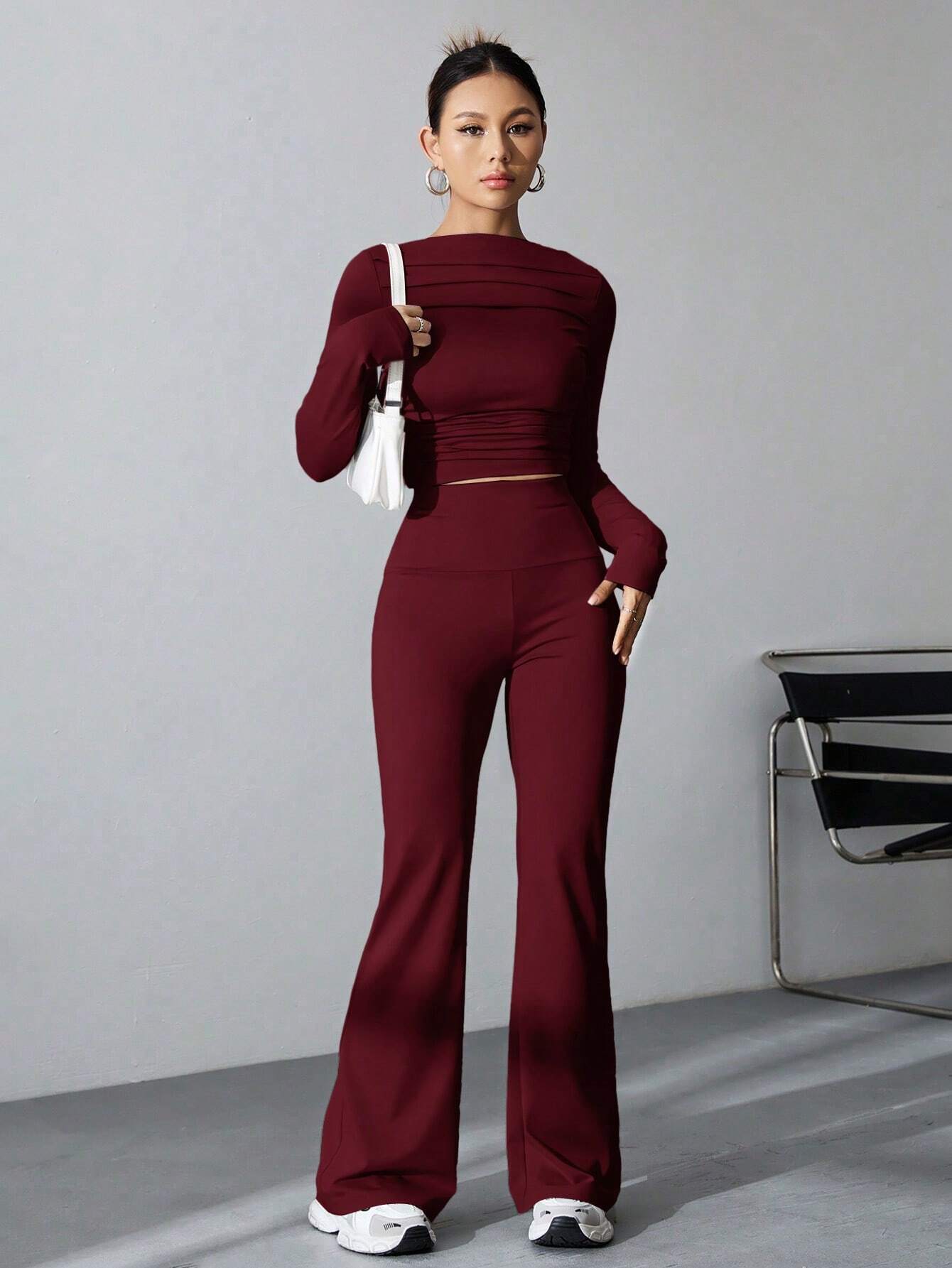 EZwear Women's Pleated Slim Fit Top And Flared Pants Two Piece Set shein