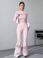 EZwear Women's Pleated Slim Fit Top And Flared Pants Two Piece Set shein
