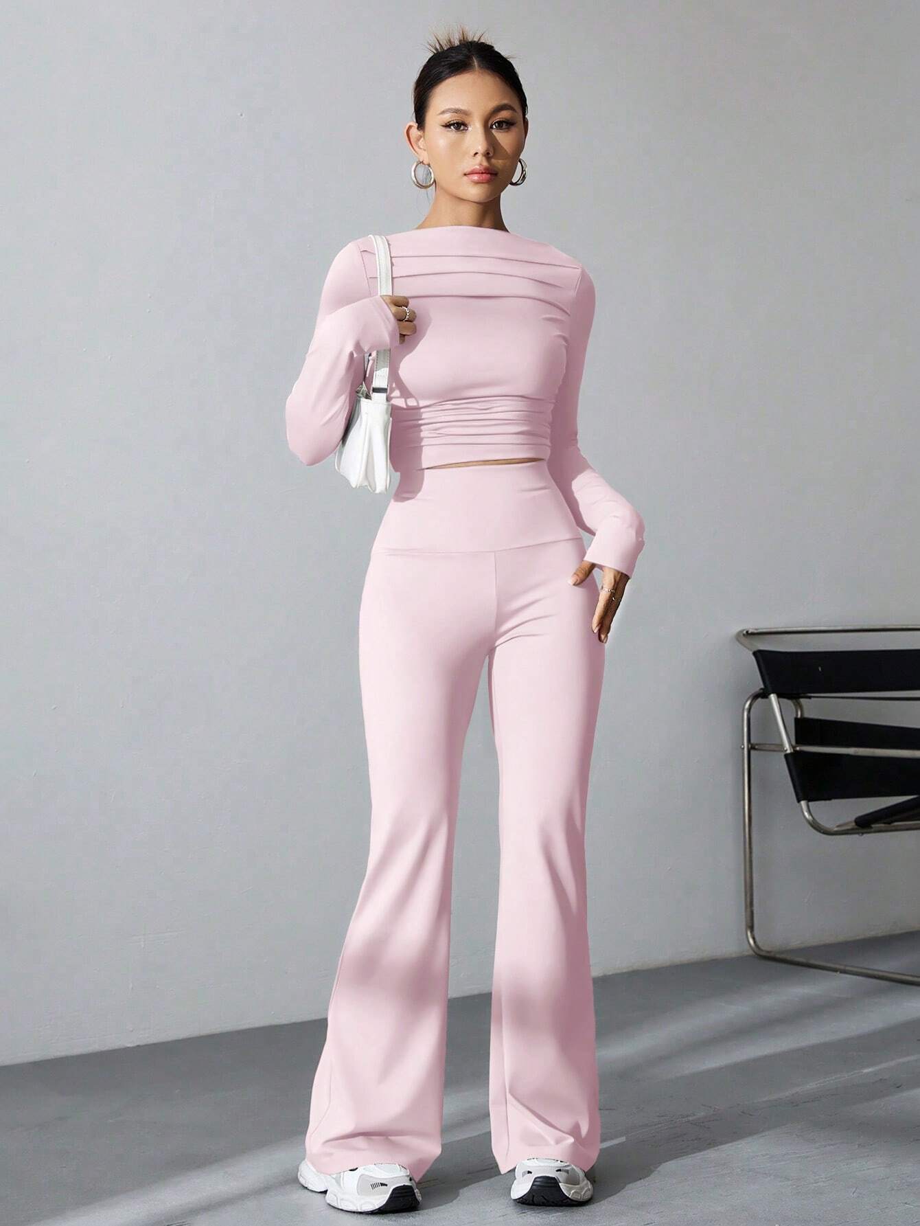 EZwear Women's Pleated Slim Fit Top And Flared Pants Two Piece Set shein