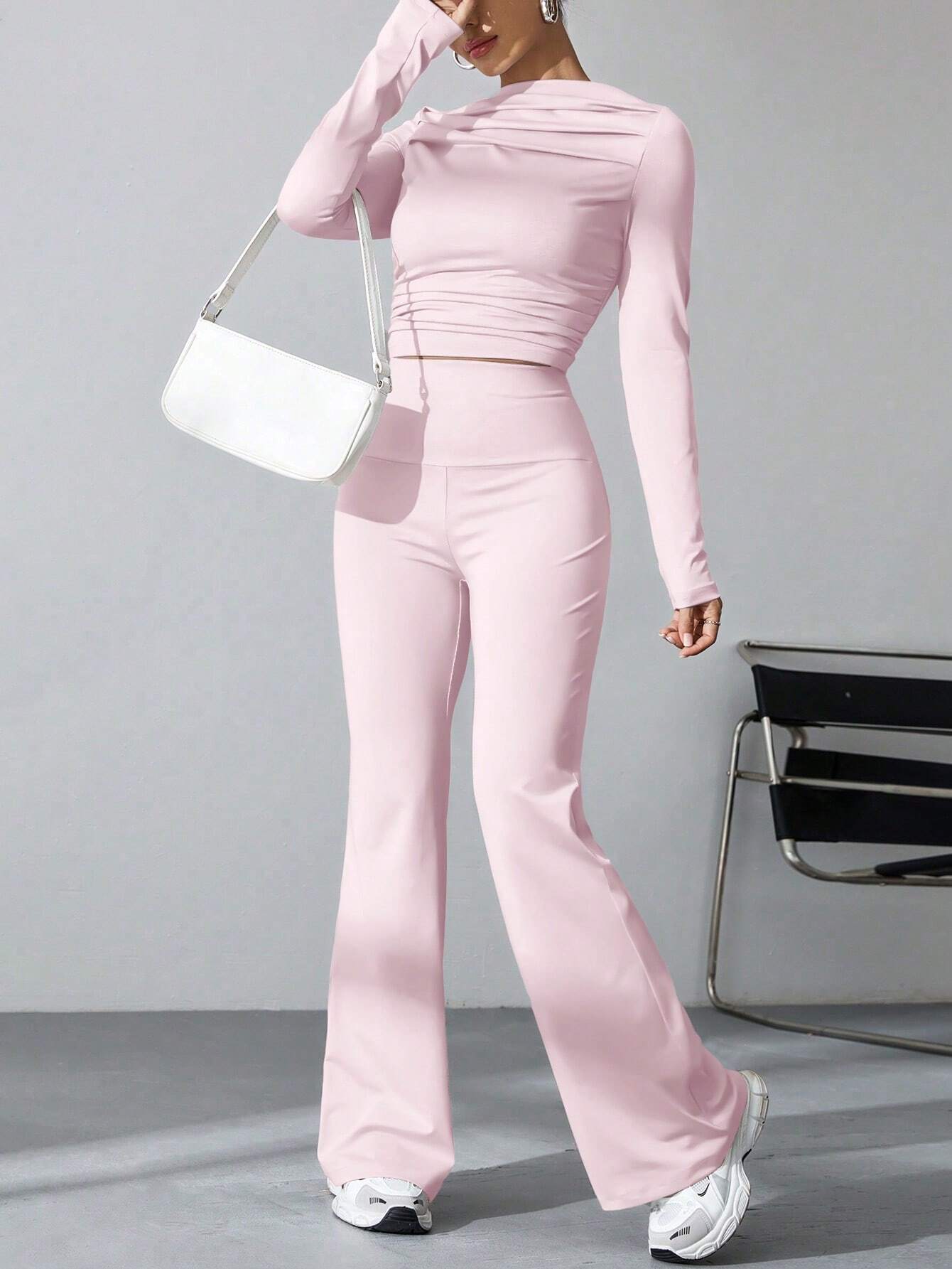 EZwear Women's Pleated Slim Fit Top And Flared Pants Two Piece Set shein