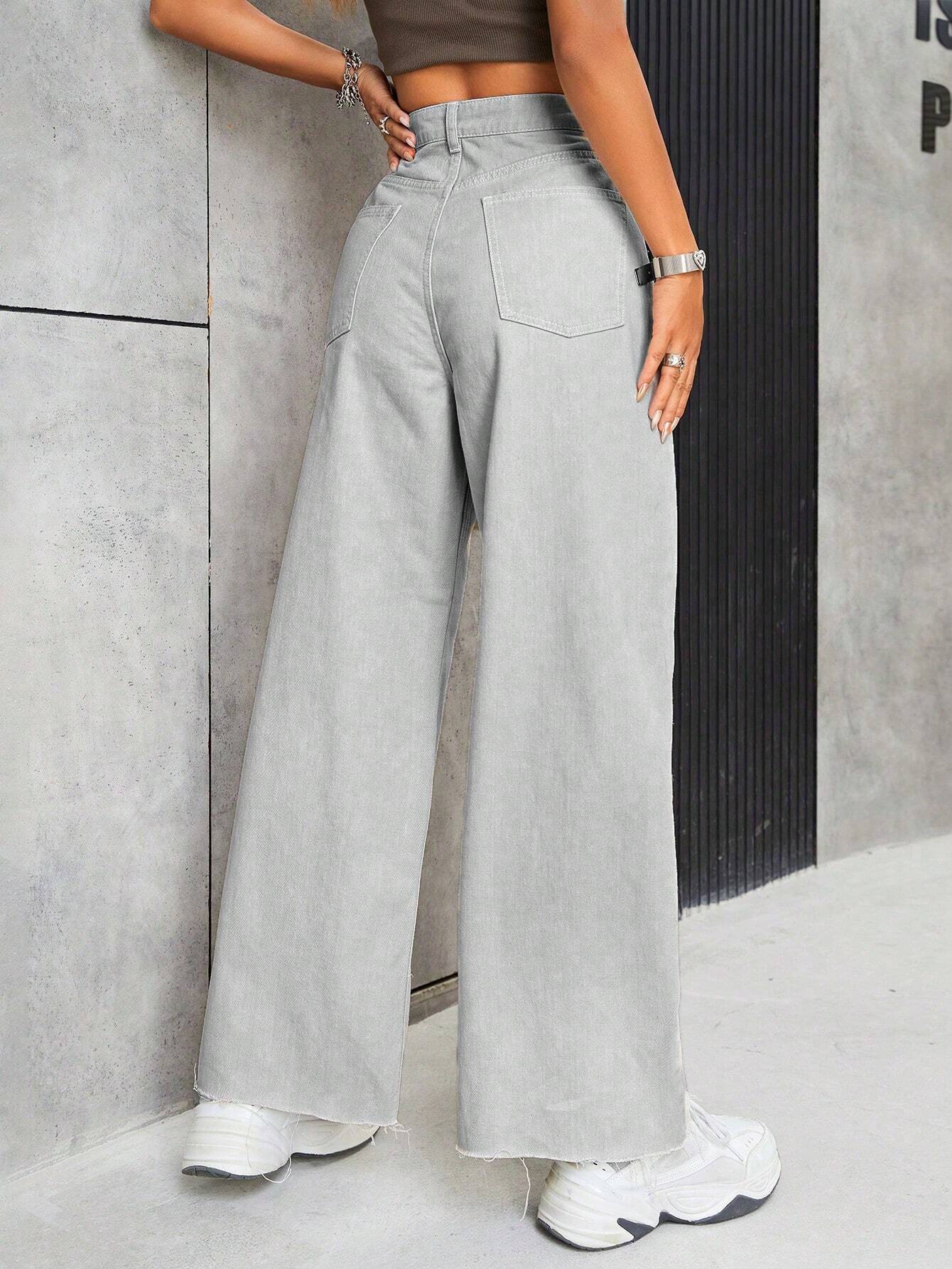 EZwear Women's Casual Daily Wear Wide Leg Denim Pants shein