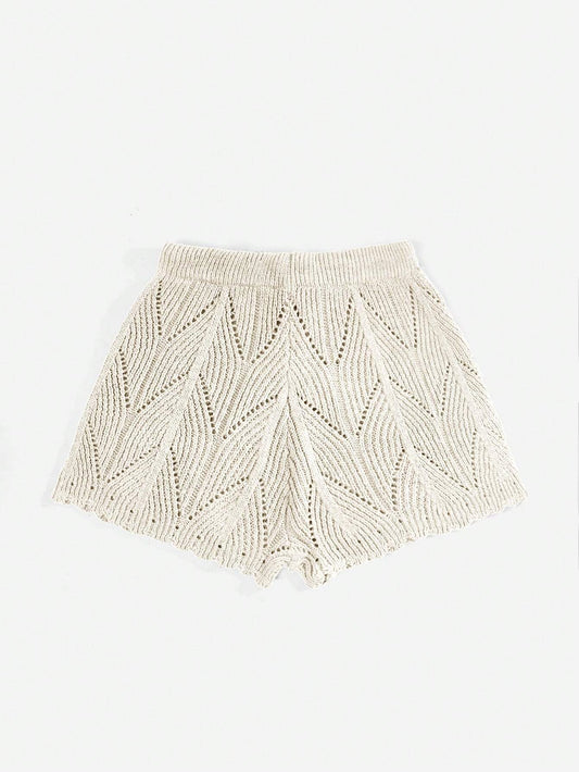 ROMWE Hippie Summer Drawstring Waist Pointelle Crochet Knit Shorts shein
