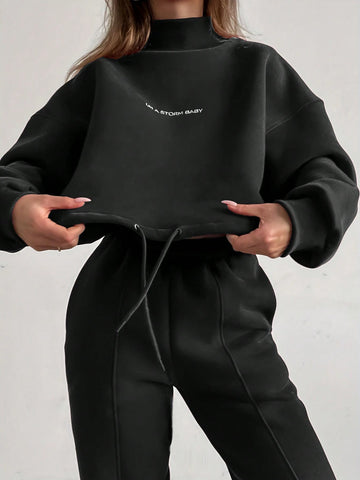 EZwear Slogan Print Drawstring Hem Sweatshirt And Sweatpants Two Piece Set