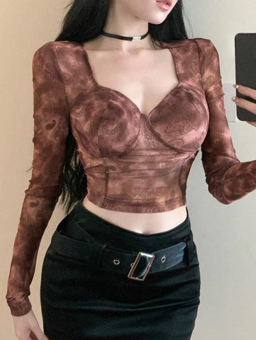 DAZY Tie-Dye Sweetheart Neck Slim Fit Long Sleeve Top