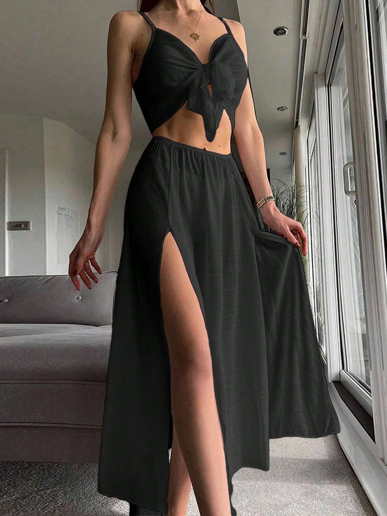 Swim Summer Beach Solid Knot Front Cover Up Top & Split Thigh Skirt shein