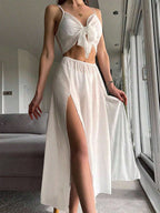 Swim Summer Beach Solid Knot Front Cover Up Top & Split Thigh Skirt shein