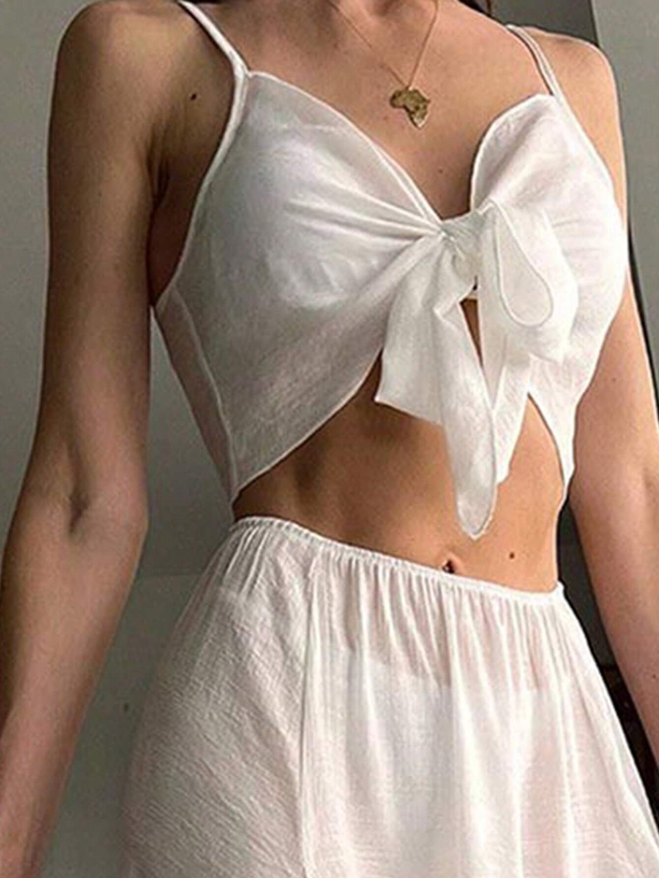 Swim Summer Beach Solid Knot Front Cover Up Top & Split Thigh Skirt shein