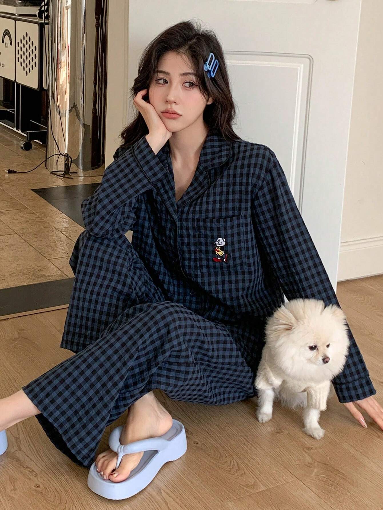 DAZY 2pcs Plaid Embroidery Pajama Set Shein