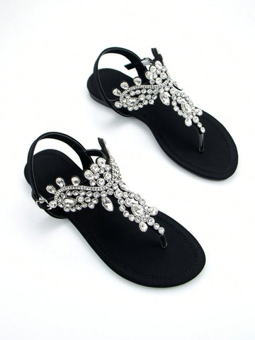 Women Rhinestone Decor Ankle Strap Thong Sandals