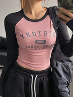 DAZY Color Block Raglan Sleeve Letter Print Round Neck Slim Fit Long Sleeve Women's T-Shirt shein