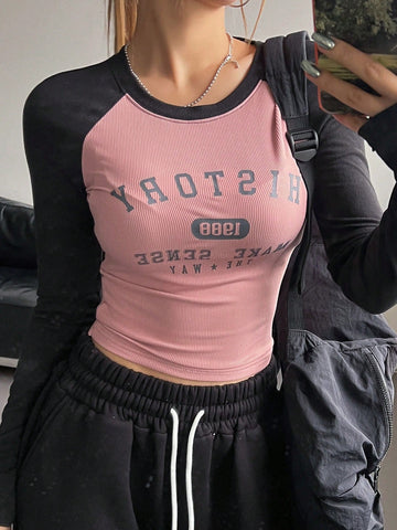 DAZY Color Block Raglan Sleeve Letter Print Round Neck Slim Fit Long Sleeve Women's T-Shirt