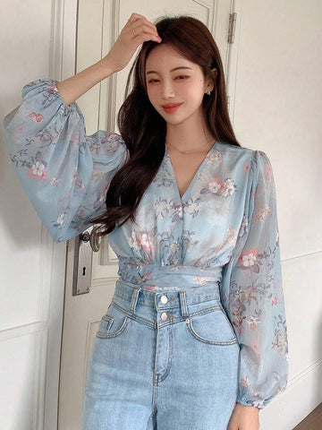 DAZY Floral Print Lantern Sleeve Tie-Waist Shirt shein