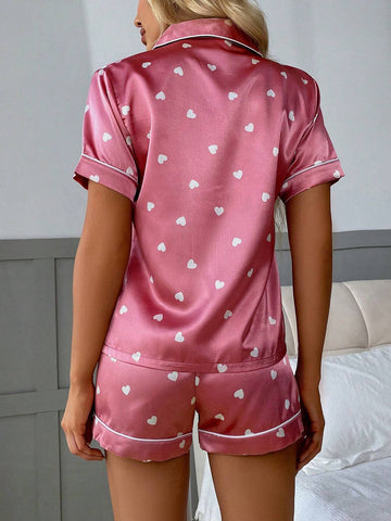 Imitation Silk Printed Peach Heart Short Sleeve Shorts Pajama Set shein