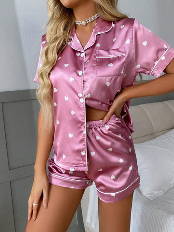 Imitation Silk Printed Peach Heart Short Sleeve Shorts Pajama Set shein