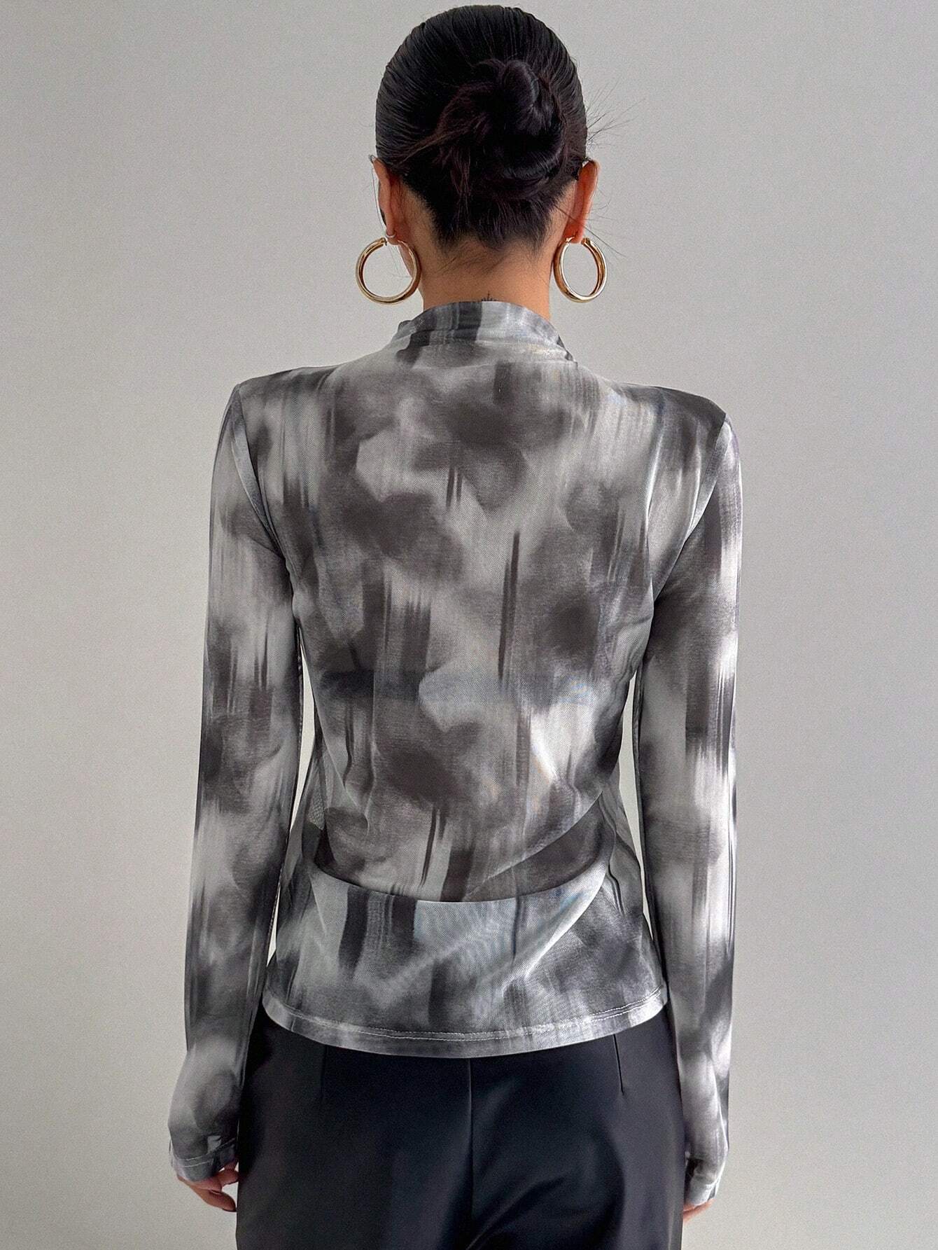 DAZY Ladies Stand Collar Tie Dye Top shein
