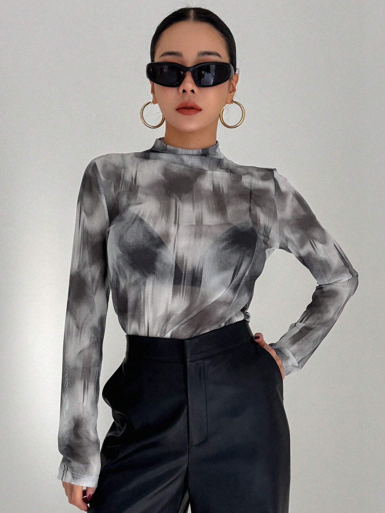 DAZY Ladies Stand Collar Tie Dye Top shein