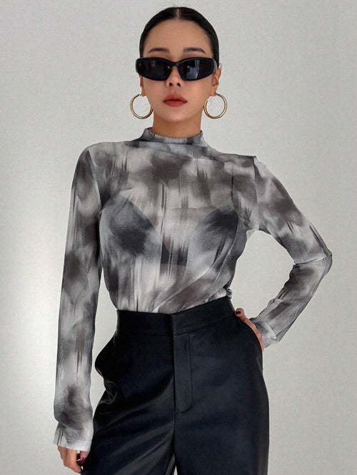 DAZY Ladies Stand Collar Tie Dye Top shein