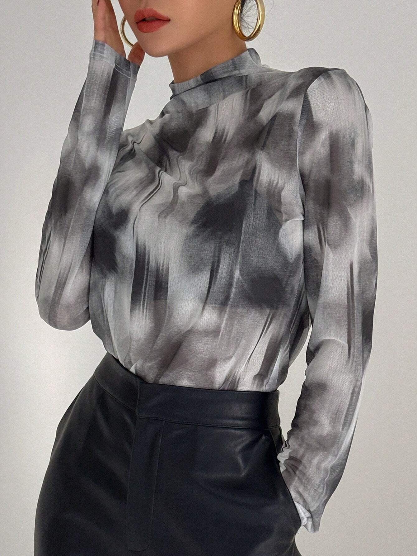DAZY Ladies Stand Collar Tie Dye Top shein