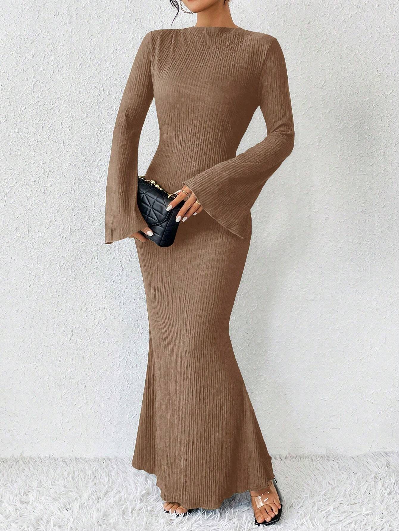 Rafferiza Solid Color Long Bell Sleeve Women's Dress shein
