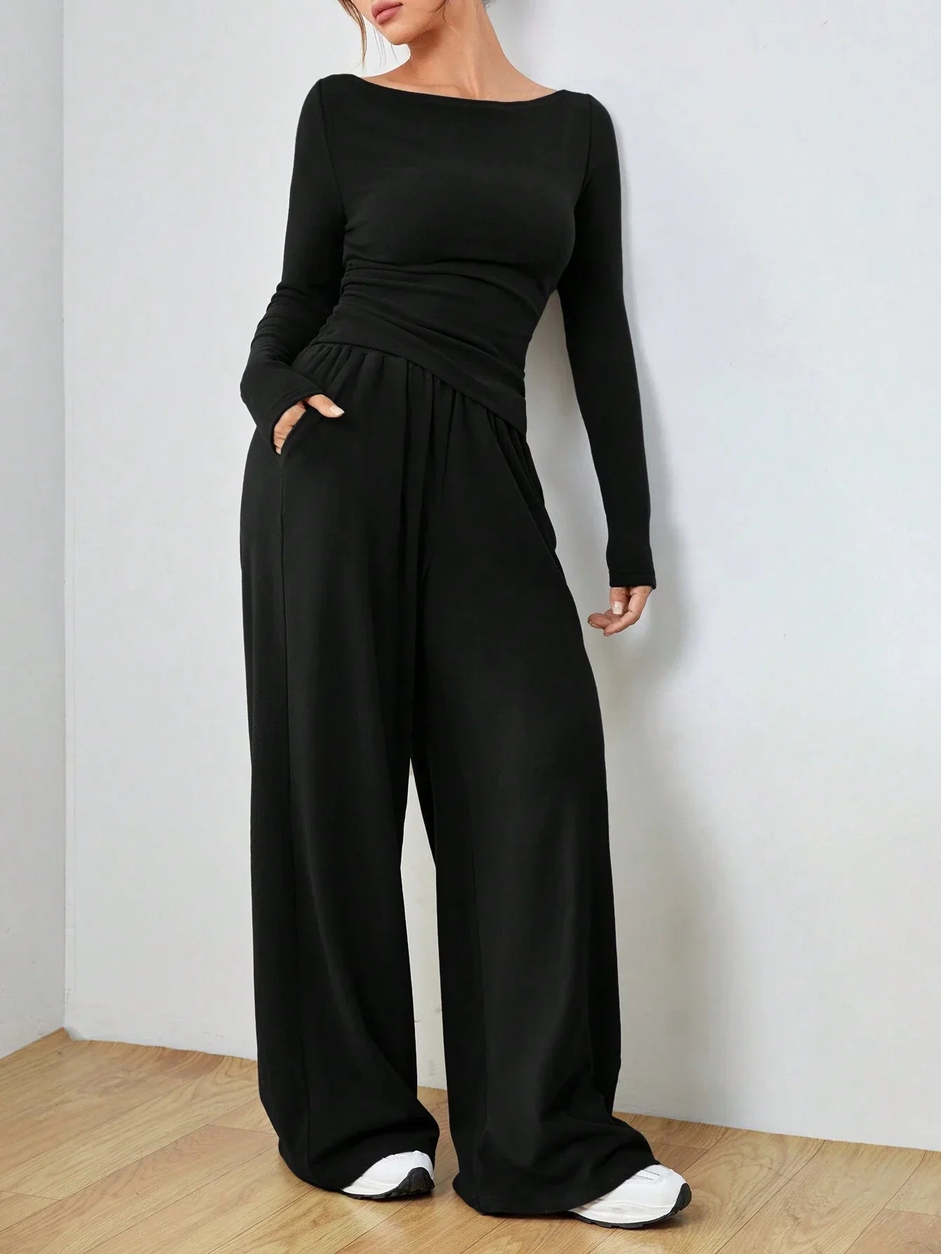 EZwear Knitted Women's Slim Fit Boat Neck Long Sleeve Top And Wide Leg Pants Set shein