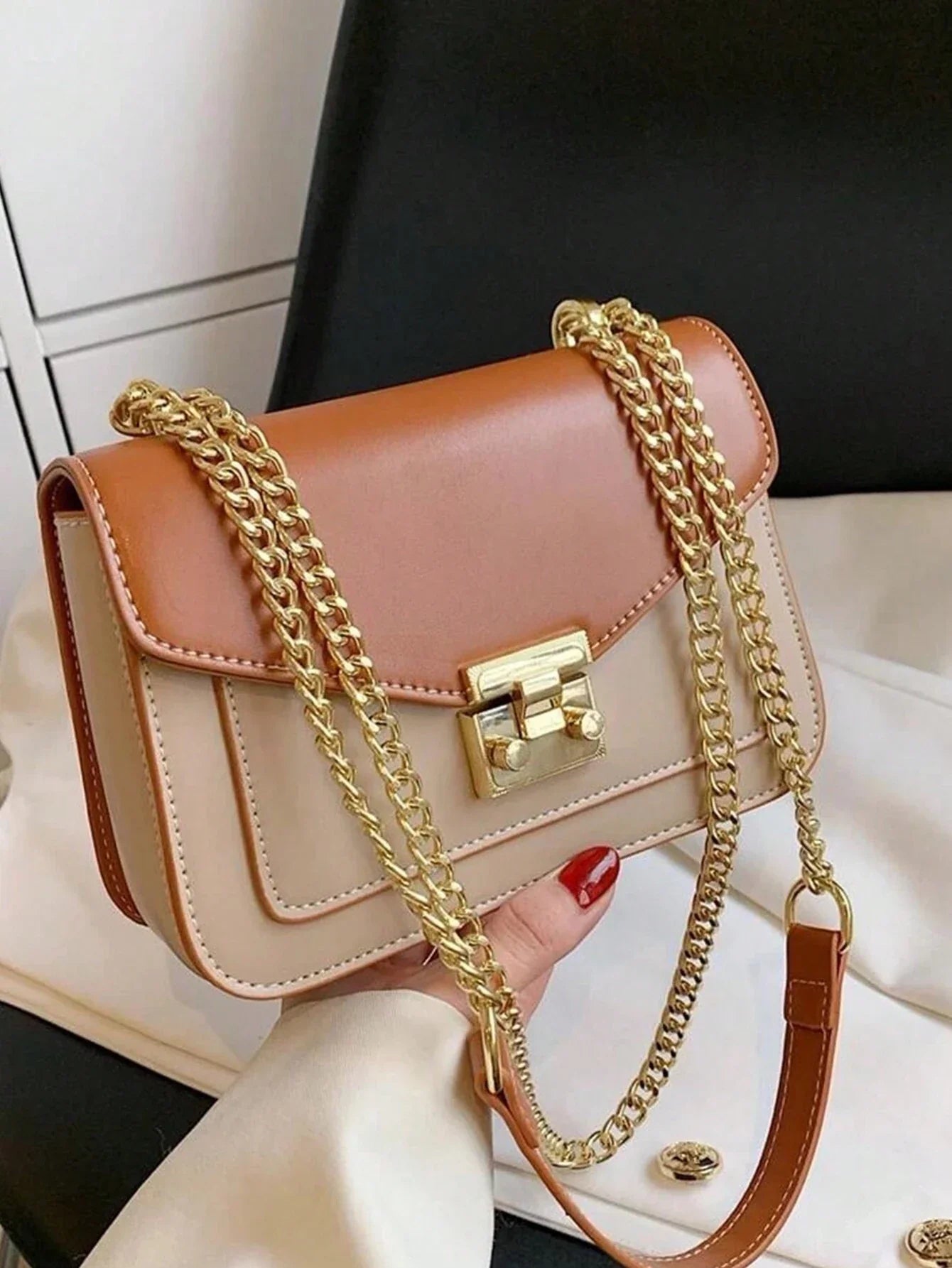 Mini Push Lock Chain Decor Flap Square Bag Shoulder Bag shein