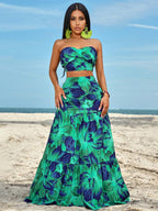 Slayr Ruched Side Twist Bandeau Top And Split Thigh Ruffle Hem Skirt Set shein