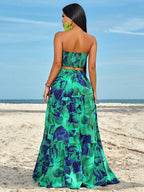 Slayr Ruched Side Twist Bandeau Top And Split Thigh Ruffle Hem Skirt Set shein