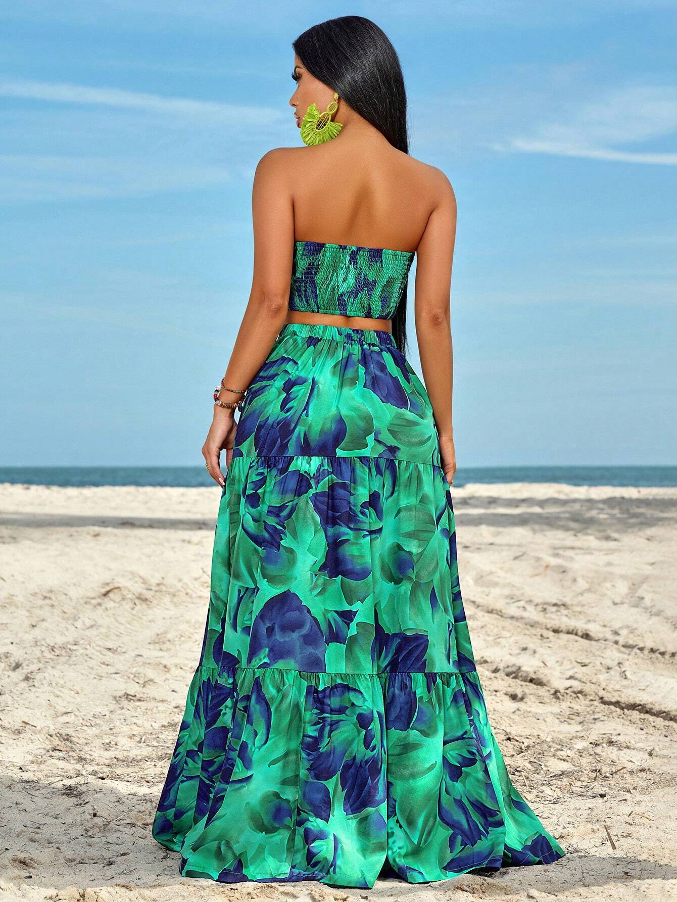 Slayr Ruched Side Twist Bandeau Top And Split Thigh Ruffle Hem Skirt Set shein