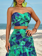 Slayr Ruched Side Twist Bandeau Top And Split Thigh Ruffle Hem Skirt Set shein