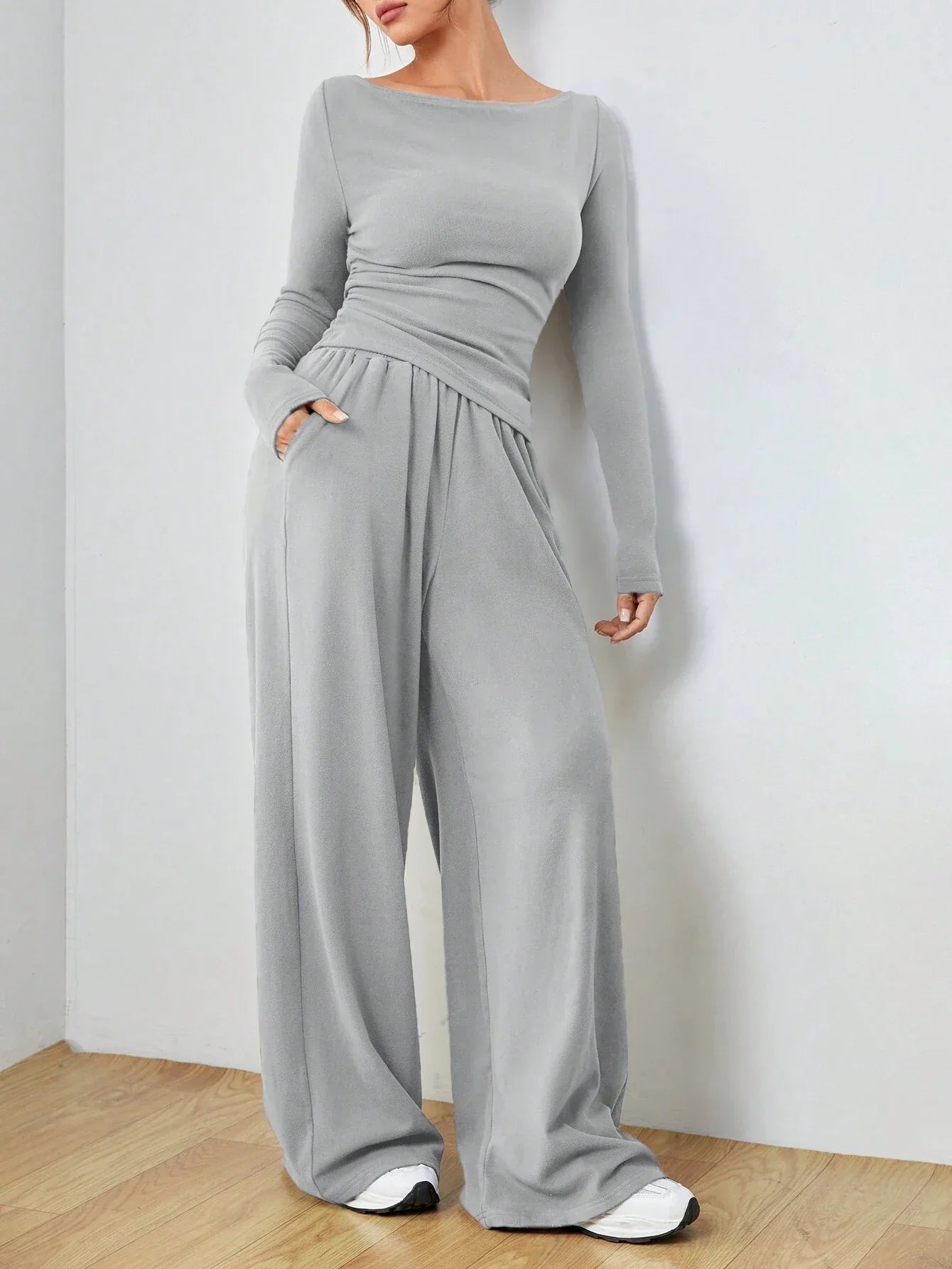 EZwear Knitted Women's Slim Fit Boat Neck Long Sleeve Top And Wide Leg Pants Set shein