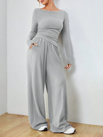EZwear Knitted Women's Slim Fit Boat Neck Long Sleeve Top And Wide Leg Pants Set