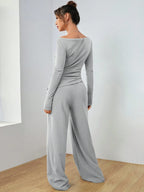 EZwear Knitted Women's Slim Fit Boat Neck Long Sleeve Top And Wide Leg Pants Set shein