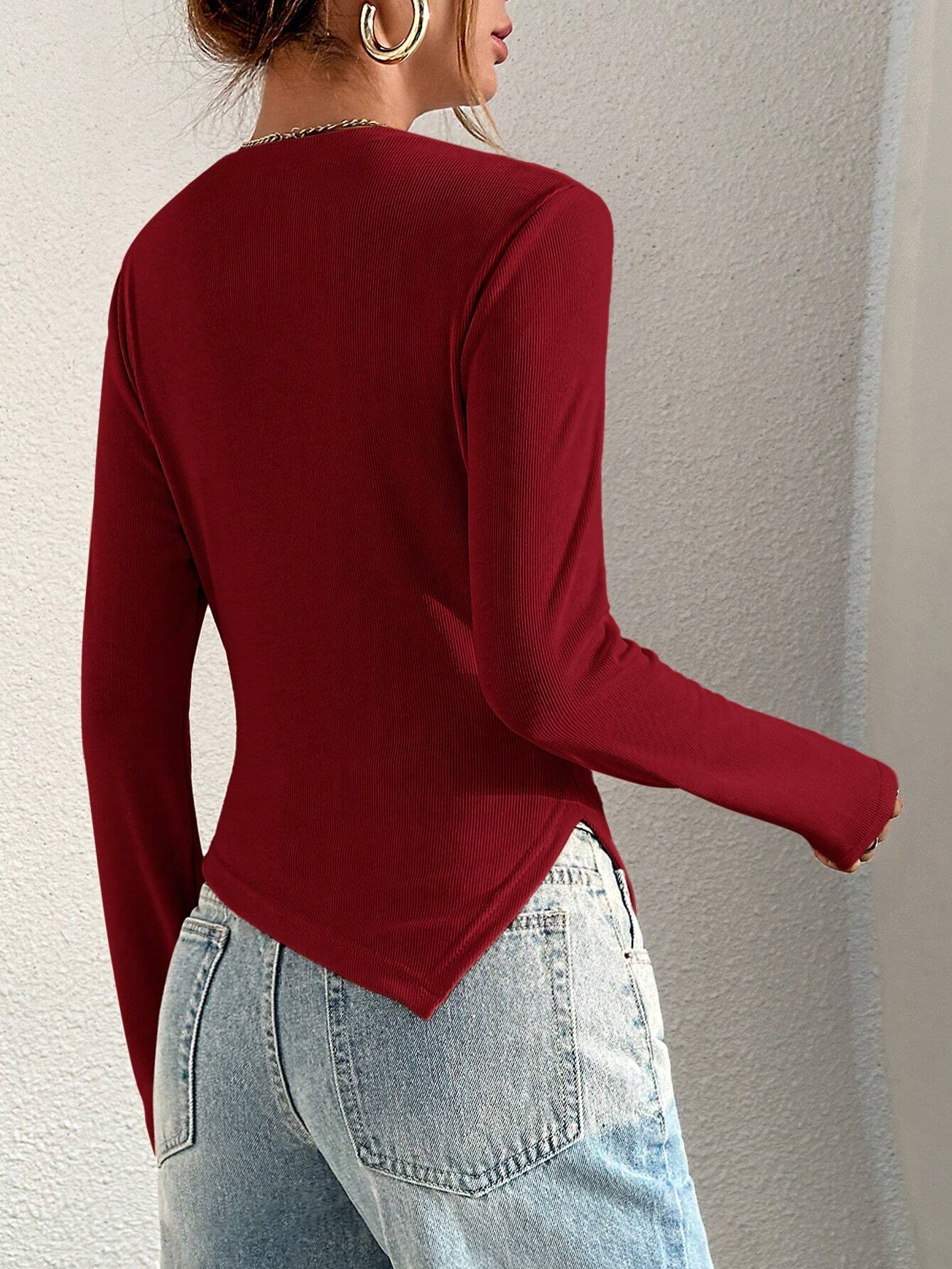 Essnce Ladies' Plain V-neck Slit Sleeve T-shirt shein