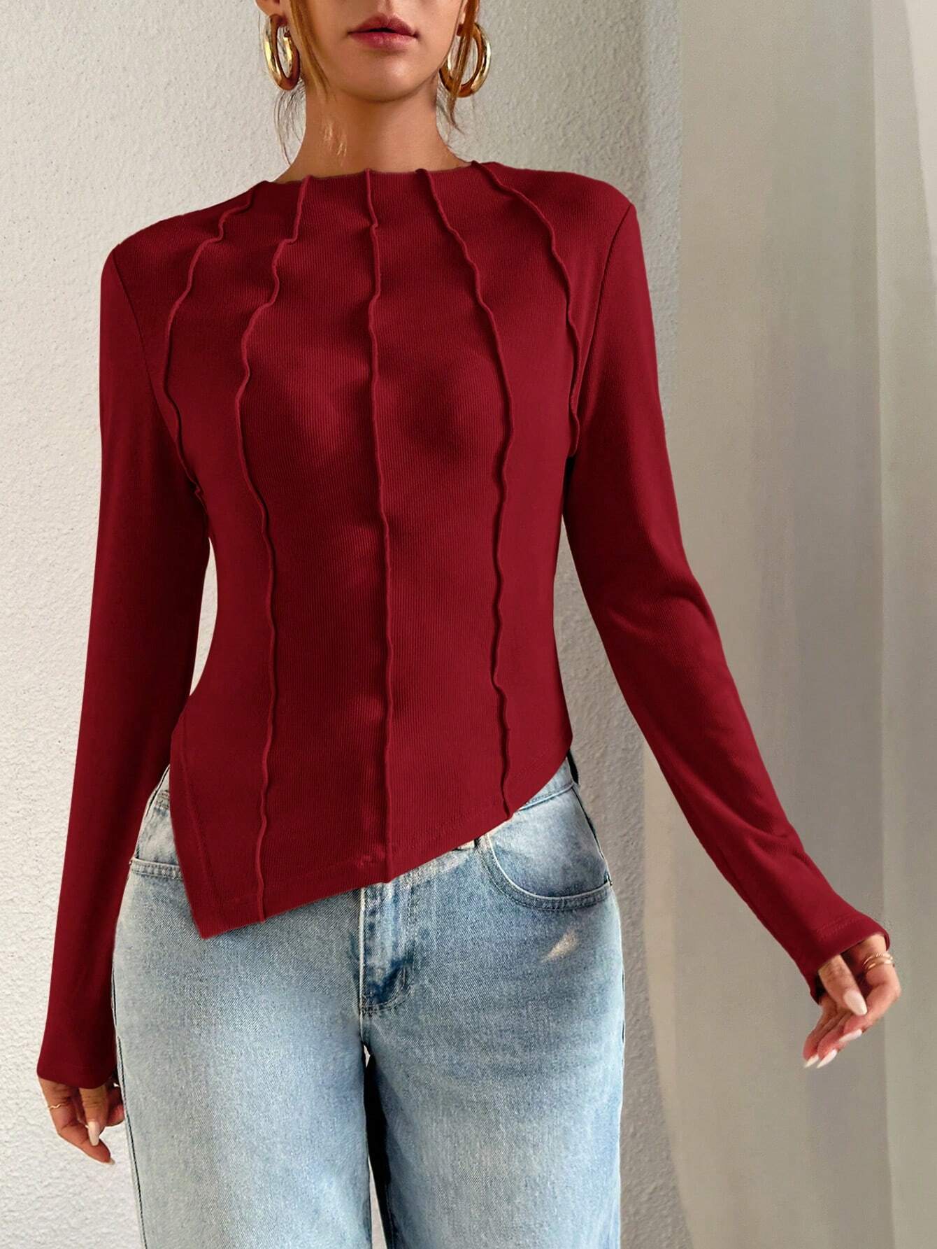 Essnce Ladies' Plain V-neck Slit Sleeve T-shirt shein