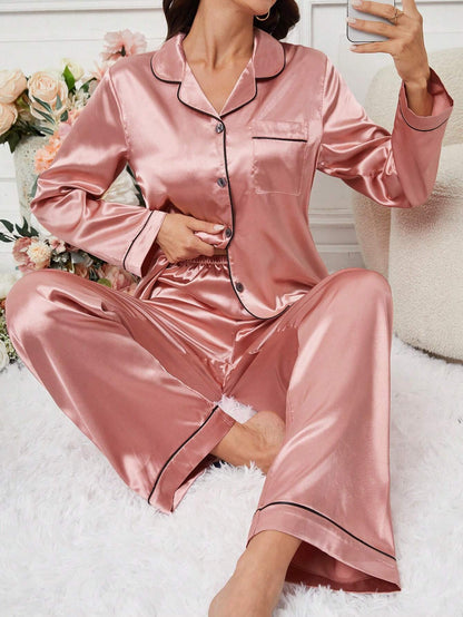 Women's Contrast Banded Collar Long Sleeve Pants Pajama Set shein