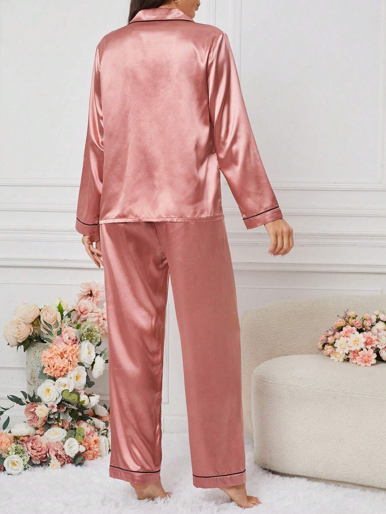 Women's Contrast Banded Collar Long Sleeve Pants Pajama Set shein