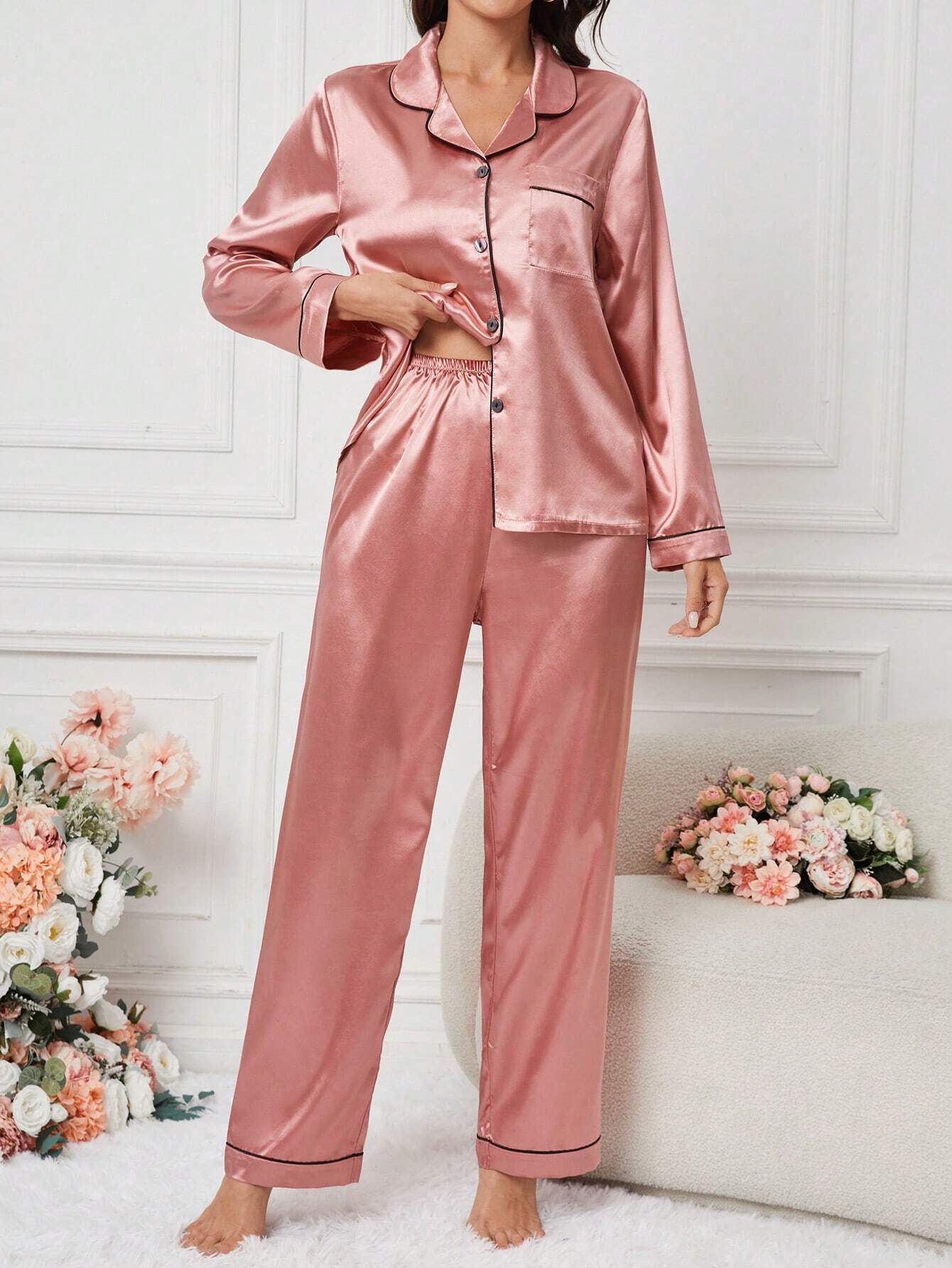 Women's Contrast Banded Collar Long Sleeve Pants Pajama Set shein