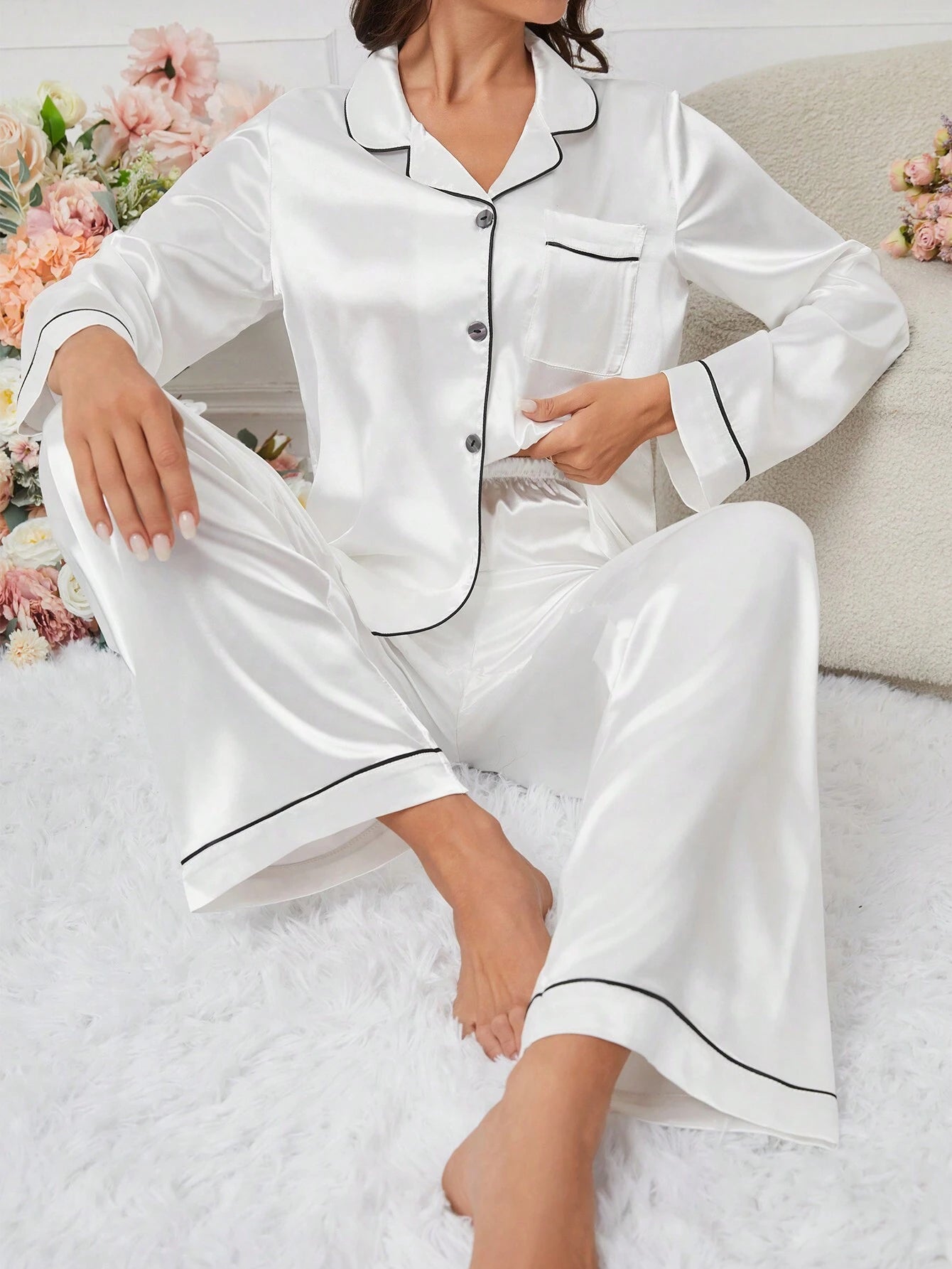 Women's Contrast Banded Collar Long Sleeve Pants Pajama Set shein