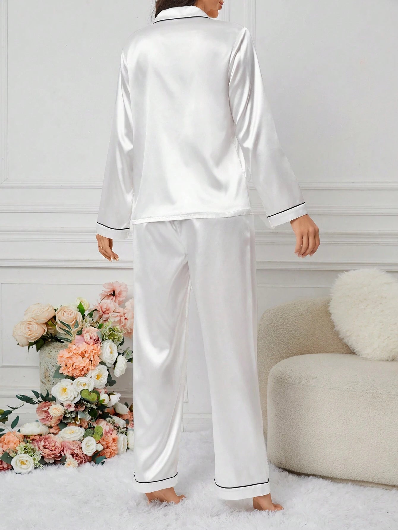 Women's Contrast Banded Collar Long Sleeve Pants Pajama Set shein