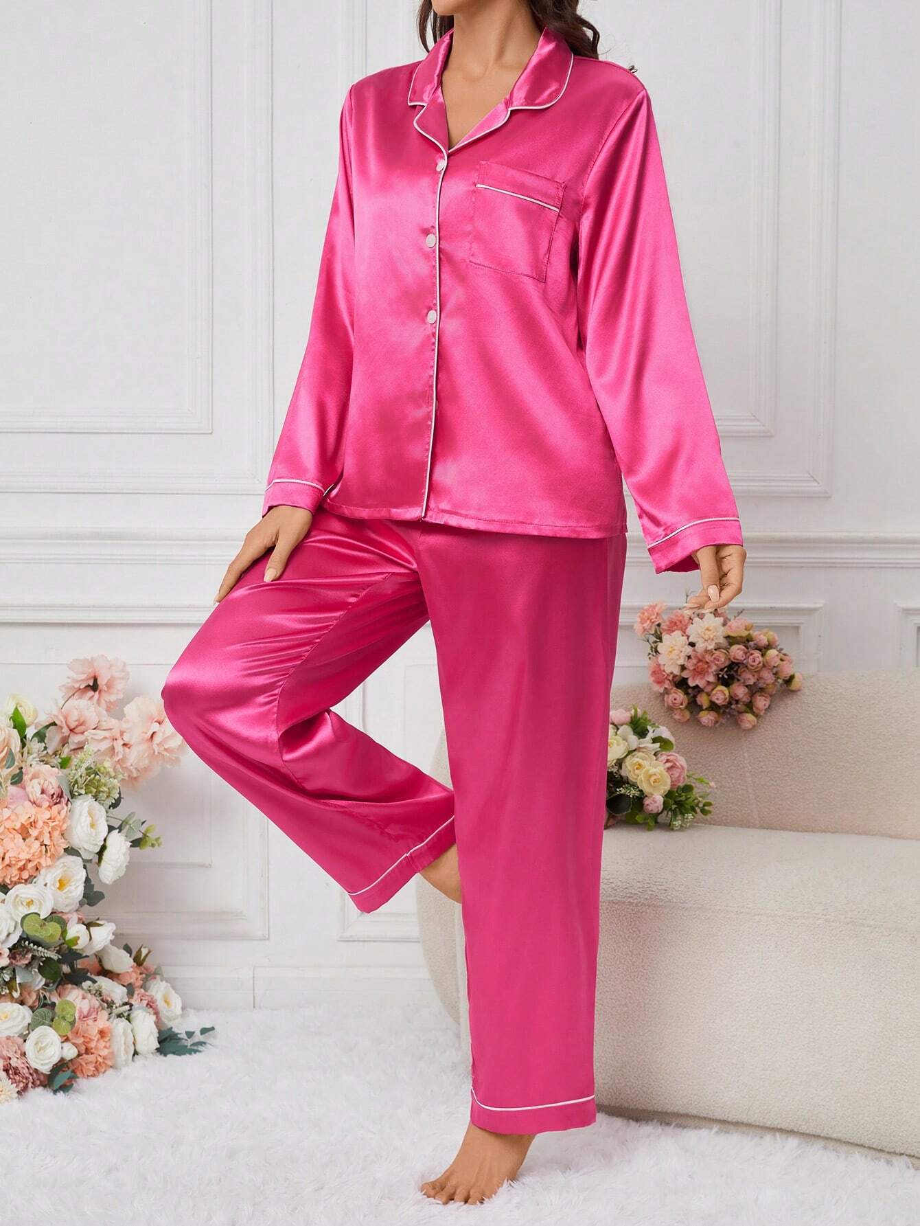 Women's Contrast Banded Collar Long Sleeve Pants Pajama Set shein