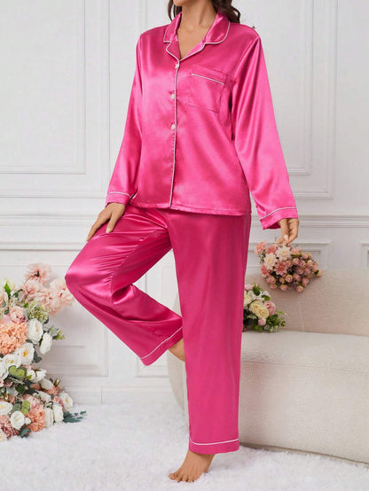 Women's Contrast Banded Collar Long Sleeve Pants Pajama Set shein