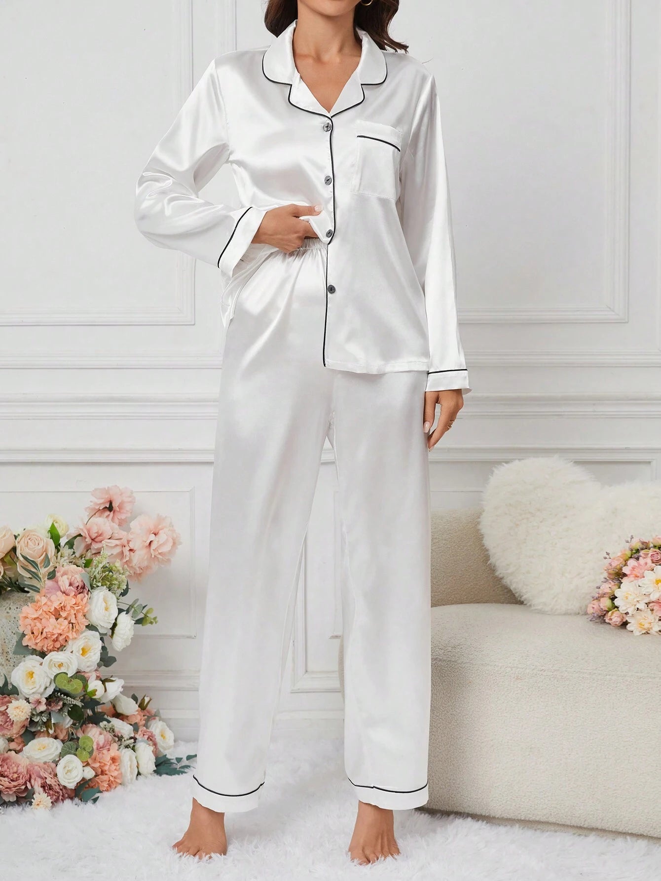 Women's Contrast Banded Collar Long Sleeve Pants Pajama Set shein