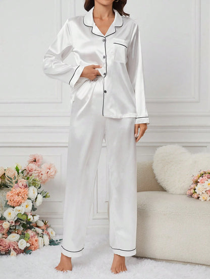 Women's Contrast Banded Collar Long Sleeve Pants Pajama Set shein