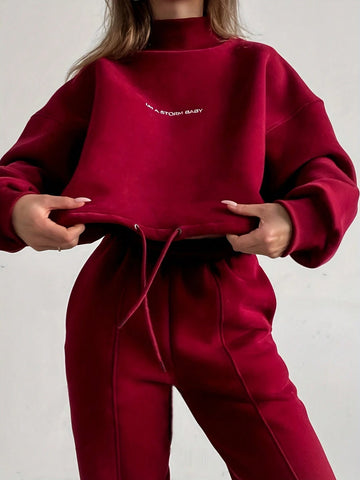 EZwear Slogan Print Drawstring Hem Sweatshirt And Sweatpants Two Piece Set