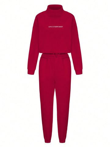 EZwear Slogan Print Drawstring Hem Sweatshirt And Sweatpants Two Piece Set