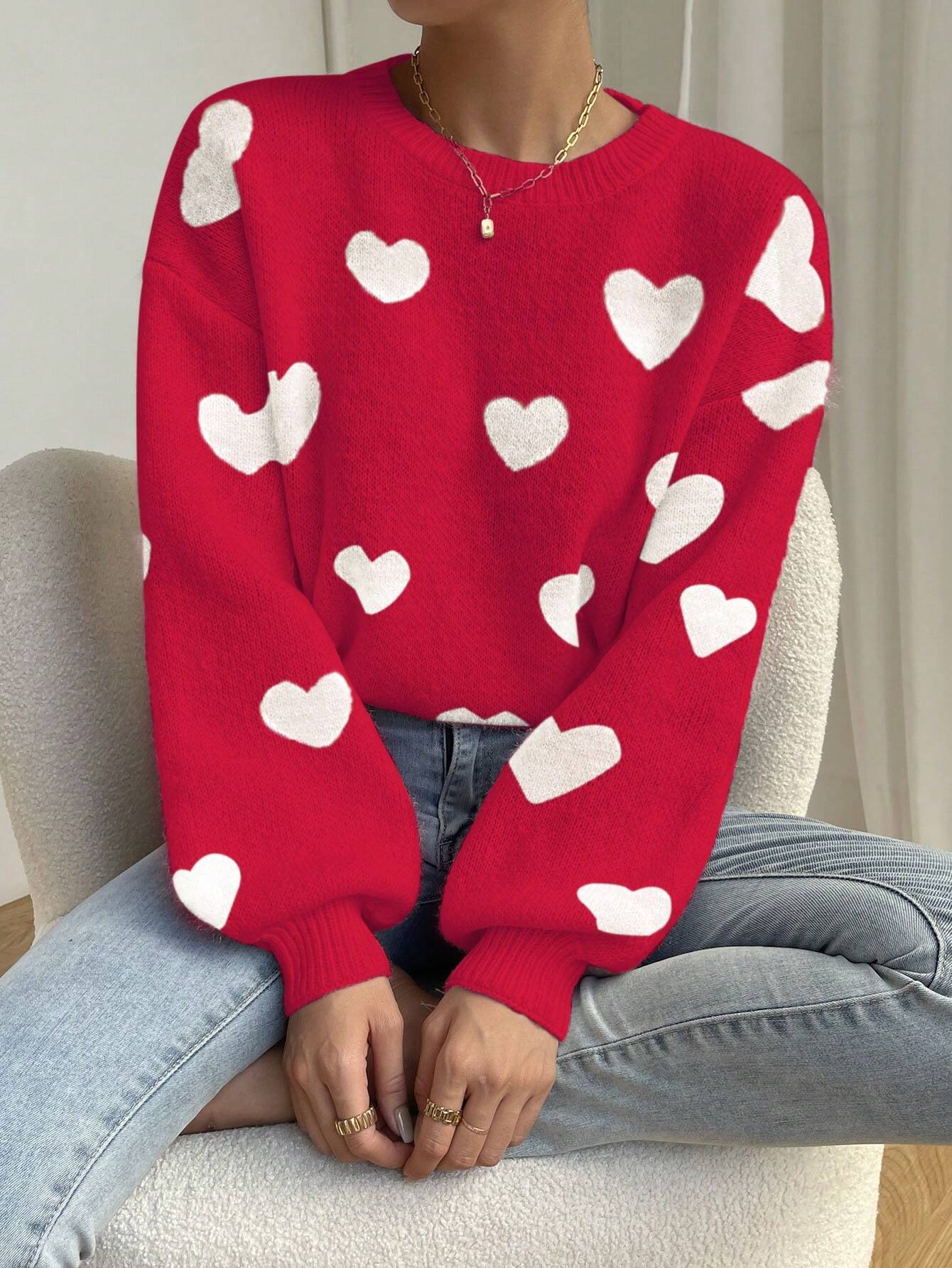 Relaxiva Women Casual Heart Pattern Dropped Shoulder Loose Knit Sweater