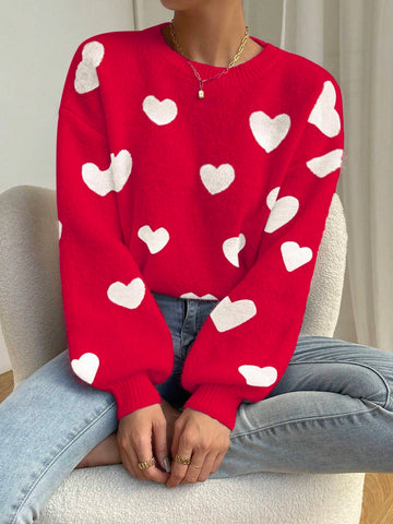 Relaxiva Women Casual Heart Pattern Dropped Shoulder Loose Knit Sweater